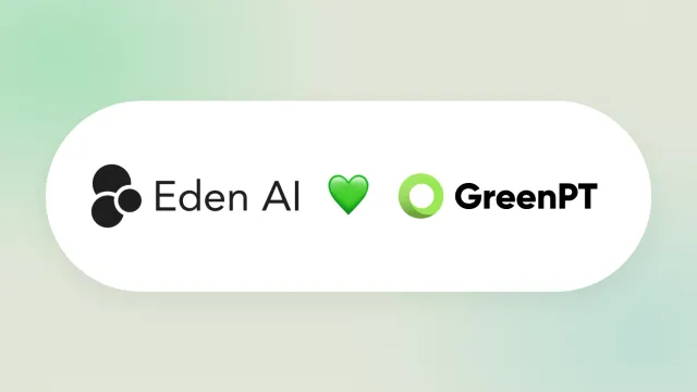 Le logo Eden AI à côté du logo GreenPT, reliés par un cœur vert, dans une pastille blanche sur un fond vert doux.