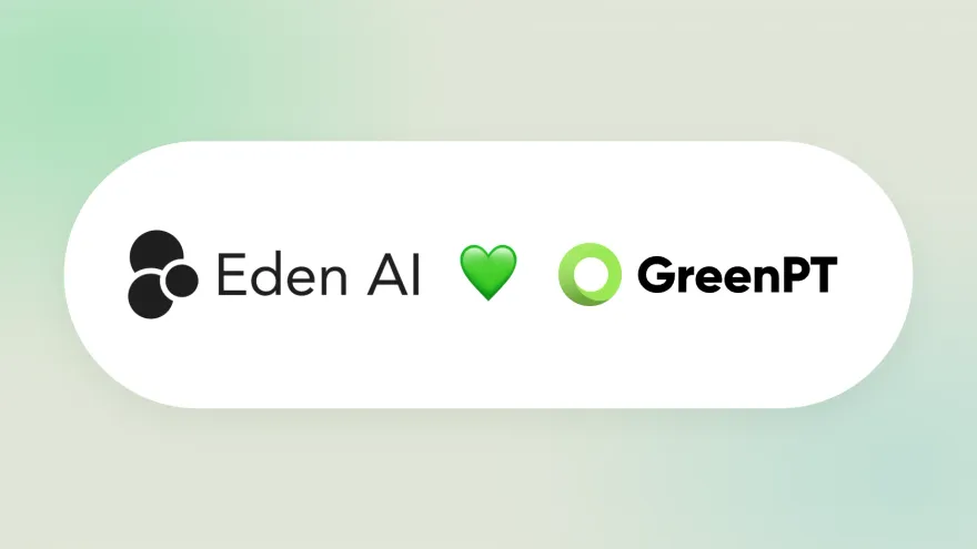 Le logo Eden AI à côté du logo GreenPT, reliés par un cœur vert, dans une pastille blanche sur un fond vert doux.