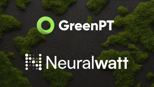 GreenPT and Neuralwatt partnership announcement graphic on a dark sustainability-themed background.