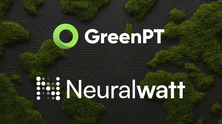 GreenPT and Neuralwatt partnership announcement graphic on a dark sustainability-themed background.