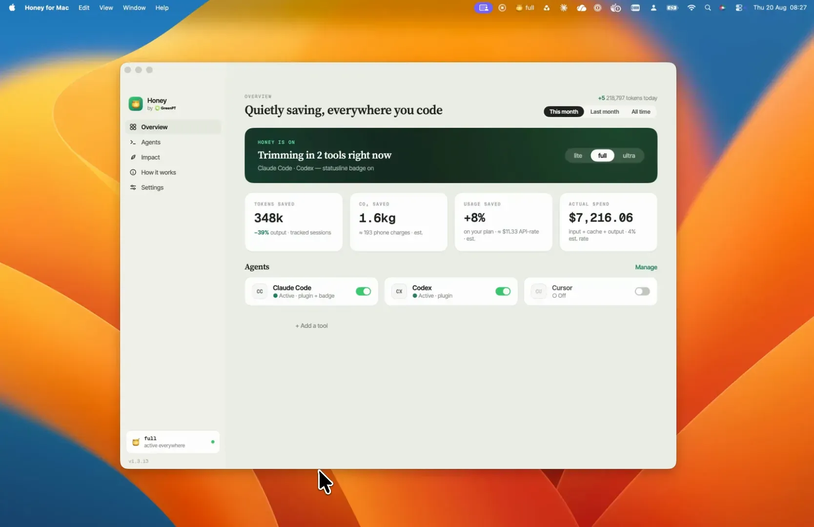 The Honey for Mac overview: tokens saved, CO2 saved, usage saved, and actual spend for the month, with per-agent toggles for Claude Code, Codex, and Cursor.