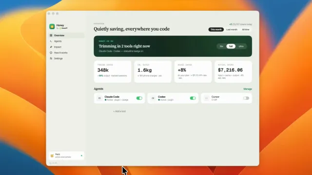 The Honey for Mac overview screen showing tokens saved, CO2 saved, and actual spend, with Claude Code and Codex toggled on.