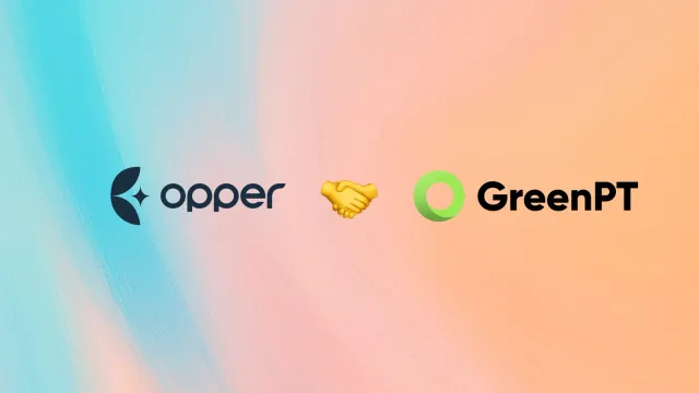 The Opper AI logo and the GreenPT logo side by side with a handshake between them, on a pastel gradient background.