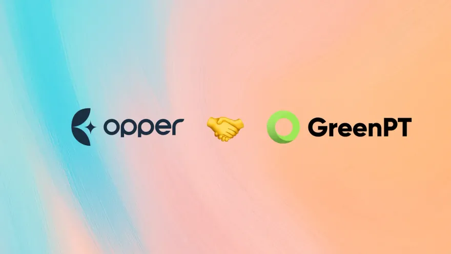 The Opper AI logo and the GreenPT logo side by side with a handshake between them, on a pastel gradient background.