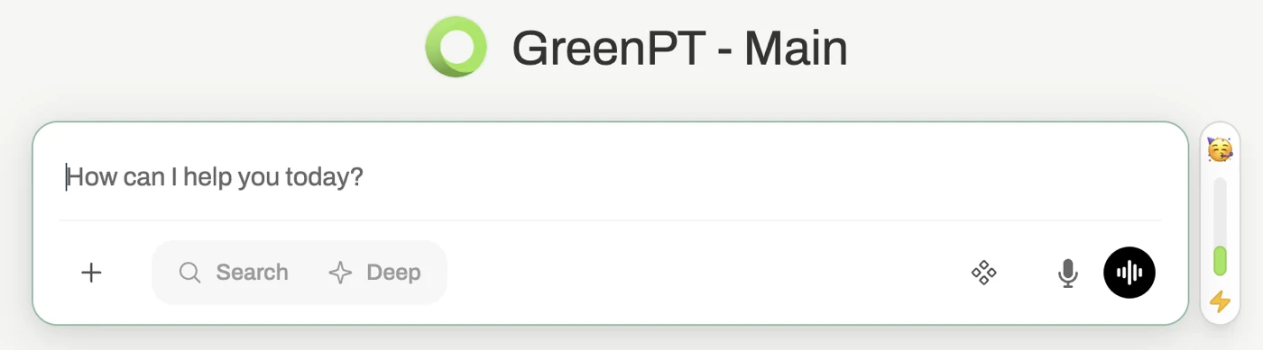GreenPT chat panel showing live energy use and CO₂ for the current conversation